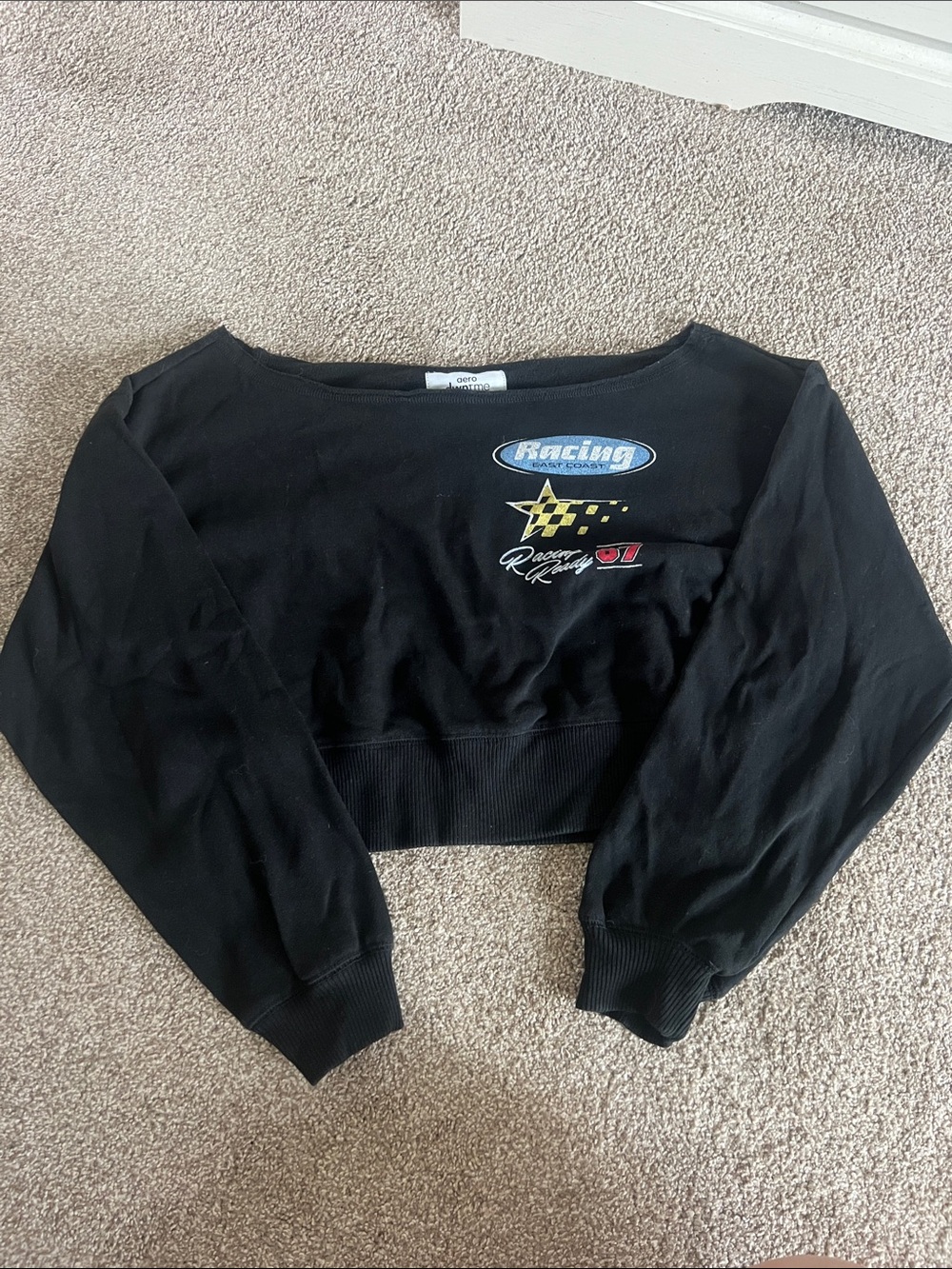 Aeropostale Black Off-the-Shoulder Racing Crop Sweater